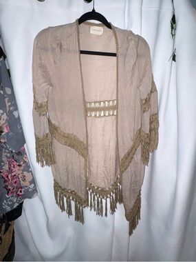 Beige Fringe Open Cardigan Sweater